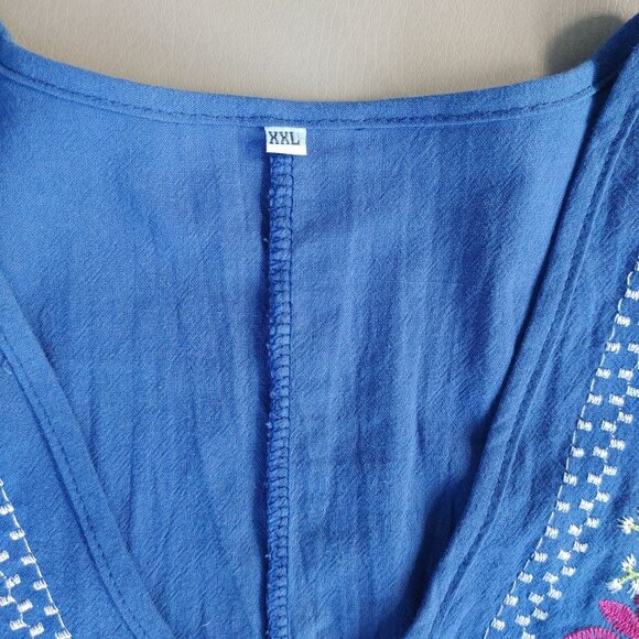 Women's V Neck Dress XXL Embroidered Bright Blue Summer Floral - Picture 4 of 9